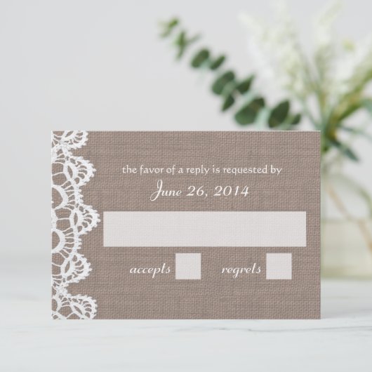 Antike Crochet-Spitzen und Burlap-UAWG RSVP Karte (Stehend Vorderseite)