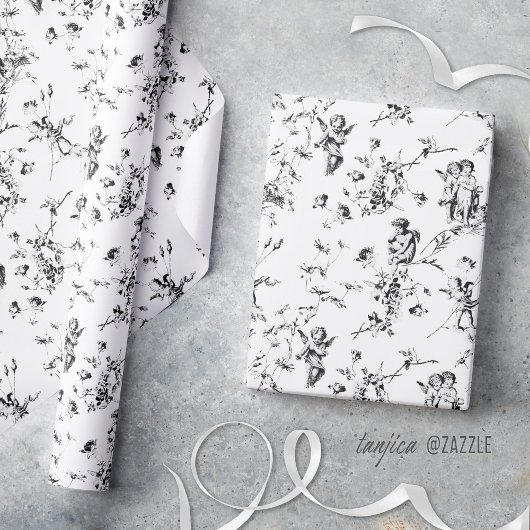 Antike Cupid-Engel Floral Schwarz Weiß Toile Geschenkpapier