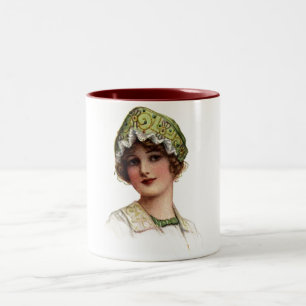 Antike Damenperlen- und Spitzenhaube Zweifarbige Tasse