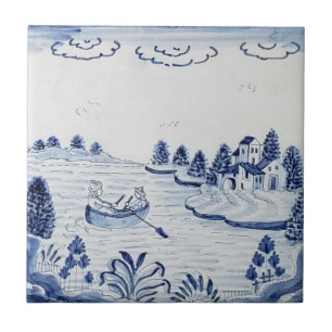 Antike Delft-Fliese - ländliche Szene - Blau und W Fliese