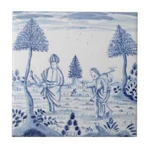 Antike Delft-Fliese - ländliche Szene - Blau und W Fliese