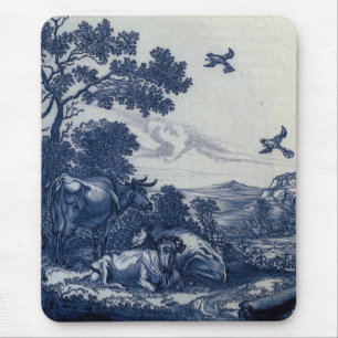 Antike Delfter Blaue Fliese - Rinder und Vögel Mousepad
