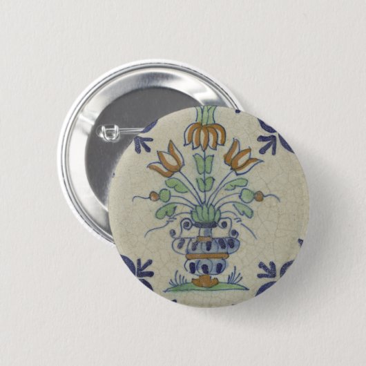 Antike Delfter Fliesen-Vase mit Tulpen: Blau und G Button (Vorne & Hinten)