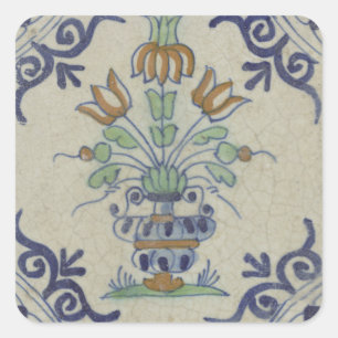 Antike Delfter Fliesen-Vase mit Tulpen: Blau und G Quadratischer Aufkleber