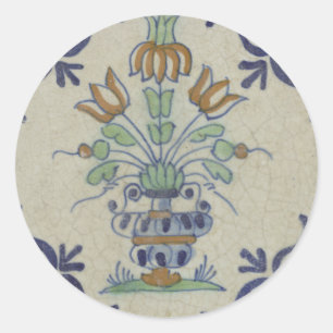 Antike Delfter Fliesen-Vase mit Tulpen: Blau und G Runder Aufkleber
