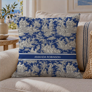 Antike dunkelblaue französische Toile de Jouy Kissen