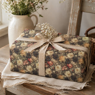 Antike dunkle Blumenrose Pfingstrose Rosa Creme Ge Geschenkpapier Set