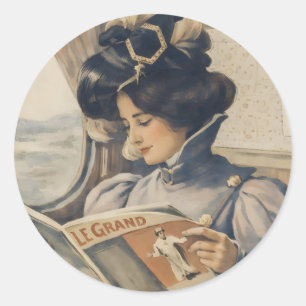 Antike Edwardianische Frau beim Lesen im Zug Runder Aufkleber