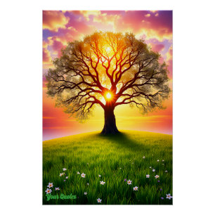 Antike Eiche auf grünem Hügel bei Sonnenuntergang Poster