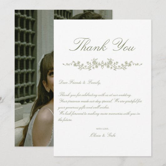 Antike Elegante Salbeigrüne Französische Blumenmus Dankeskarte (Vorne/Hinten)