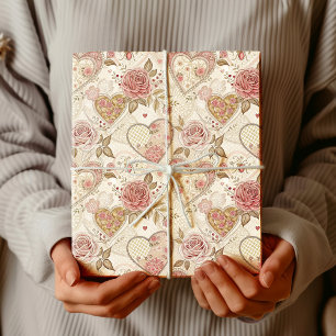 Antike Elfenbein Burgunder gefranste Herzen rustik Geschenkpapier
