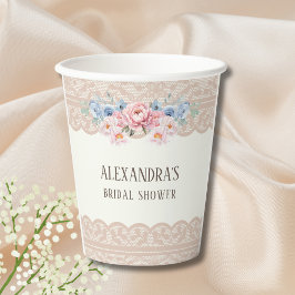 Antike Elfenbeinblaue Blumen-Spitze Brautdusche Pappbecher