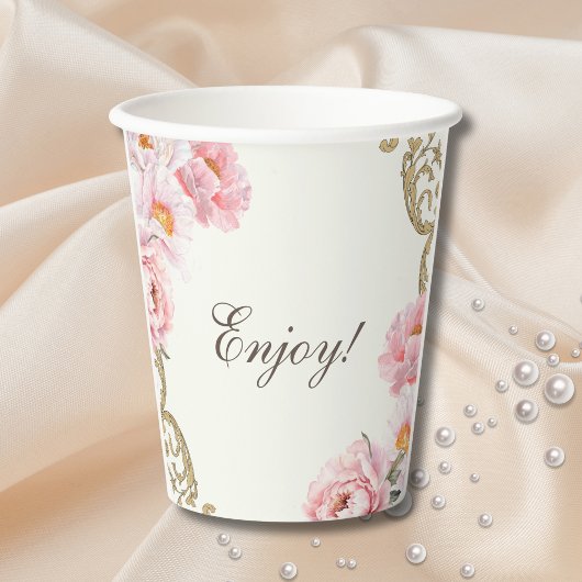 Antike Elfenbeinfarbene Pfingstrose Vintage-Brautd Pappbecher