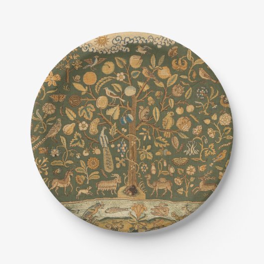Antike englische Nadelspitze Baum des Lebens & Ein Pappteller (Vorderseite)