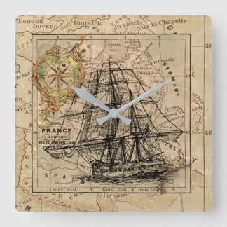 Antike Europakarte Schiff Segel Schifffahrt Marine Quadratische Wanduhr