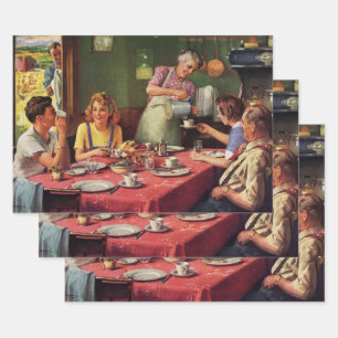 Antike Familie beim Frühstück in der Küche Geschenkpapier Set