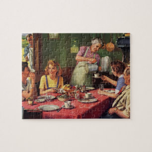 Antike Familie beim Frühstück in der Küche Puzzle