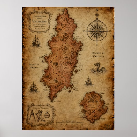 Antike Fantasy-Karte — Velmoris-Insel Poster (Vorne)