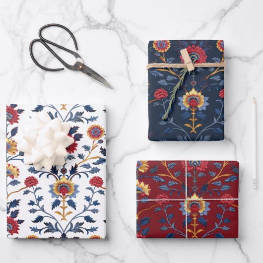 Antike farbenfrohe indische Blumenmotive Geschenkpapier Set (Vorderseite)