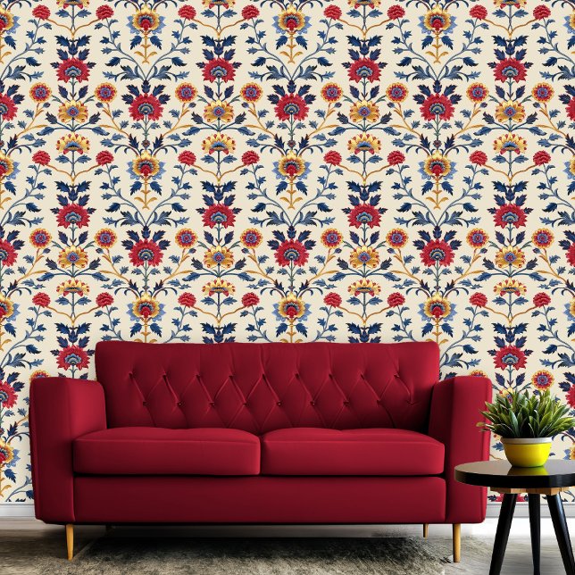 Antike farbenfrohe indische Blumenmotive Tapete (Antique Colorful Indian Floral Motif Pattern Room Wallpaper)