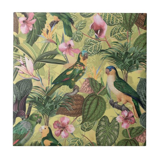 Antike farbenfrohe Parroys tropisches Dschungelmus Fliese (Vorderseite)