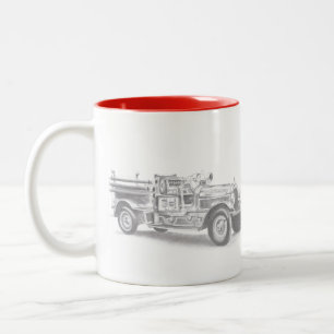 antike Feuerwehrauto Bleistiftskizze Feuerwehrmann Zweifarbige Tasse