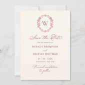 Antike florale burgunderrote Hochzeitsmonogramm Save The Date (Vorderseite)