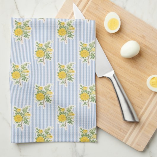 Antike Florale Butterblumen Blau Gestreift Geschirrtuch (Viertel Falte)