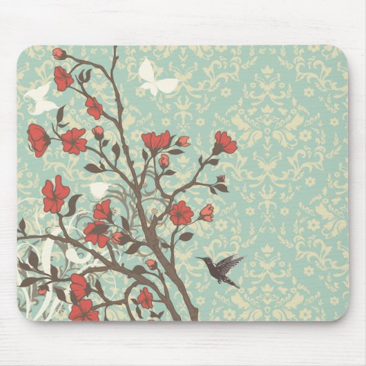 Antike florale Damast-Schwünge + Vogelmäuseunterla Mousepad (Vorne)