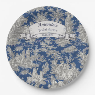 Antike florale dunkelblaue Toile de Jouy-Dusche Pappteller