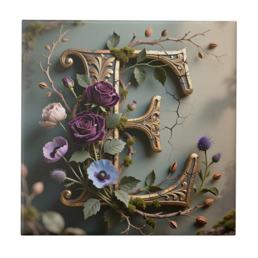 Antike florale gold teal Buchstabe E Fliese (Vorderseite)