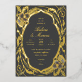 Antike florale Jugendstil Hochzeit Grau Gold Folieneinladung (Vorderseite)