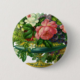 Antike Florale Rosa Rosen, Blumenstrauß in Vasen Button