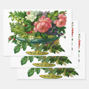Antike Florale Rosa Rosen, Blumenstrauß in Vasen Geschenkpapier Set