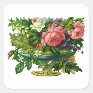 Antike Florale Rosa Rosen, Blumenstrauß in Vasen Quadratischer Aufkleber