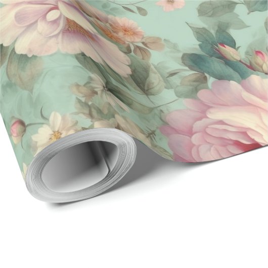 Antike Florale Rose Aqua Decoupage Geschenkpapier (Rolleneckpunkt)