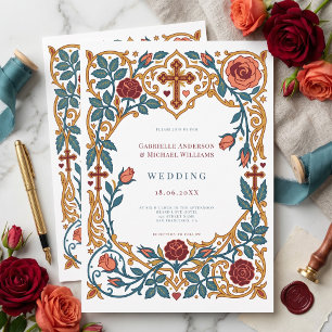 Antike Florale Vintage Kreuz Katholische Hochzeit Einladung