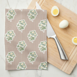 Antike Florale Weiße Rosen Braun Gestreift Geschirrtuch