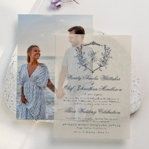 Antike Floralkrone Creme & Navy Monogramm Hochzeit Pergament Einladungen