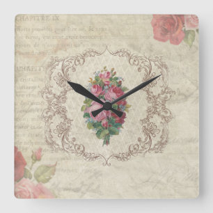 Antike französische Blumenpostkarte Quadratische Wanduhr
