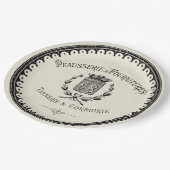 Antike französische Land-Beschriftung auf Beige Pappteller (Schrägansicht)