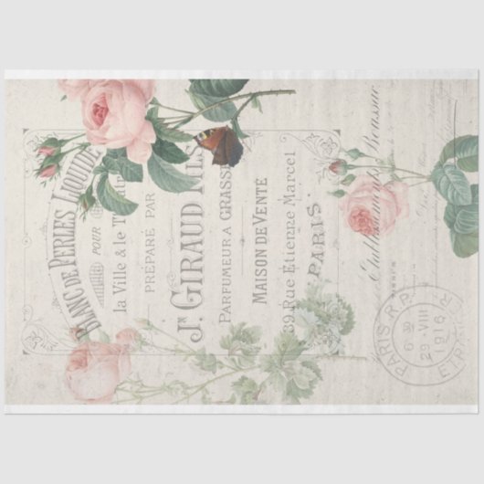 Antike Französische Redoute Rose Ephemera Decoupag Seidenpapier (Vorderseite)