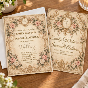 Antike französische Rokoko-Rosa-Hochzeit im Vintag Einladung
