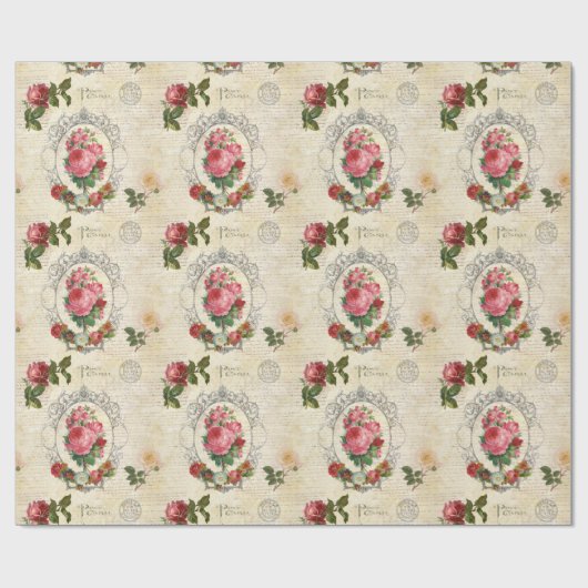 Antike Französische Rose Ephemera Geschenkpapier (Flach)