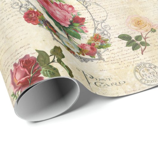 Antike Französische Rose Ephemera Geschenkpapier (Rolleneckpunkt)