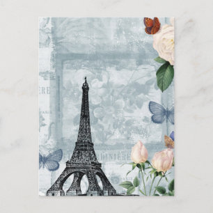 Antike französische Schmetterlinge und Rosen Postkarte