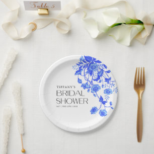 Antike französische Toile blaue Blumen Brautdusche Pappteller