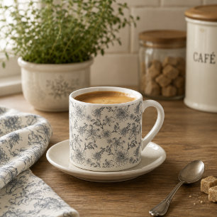 Antike französische Toile Botanical Vogel Rustikal Espressotasse
