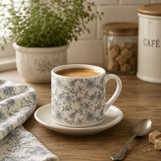 Antike französische Toile Botanical Vogel Rustikal Espressotasse