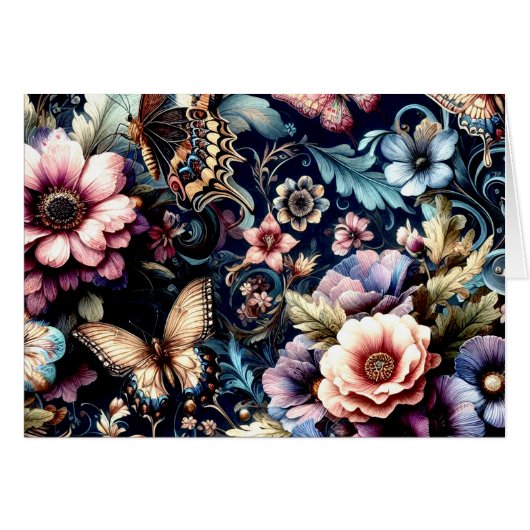 Antike Frühlingsblumen und Schmetterlinge blau (Vorderseite (Horizontal))